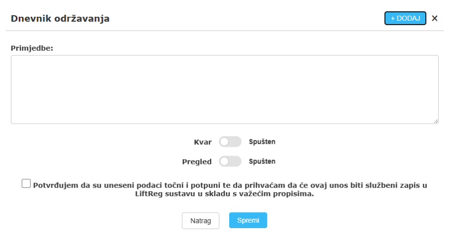 Dnevnik održavanja unos